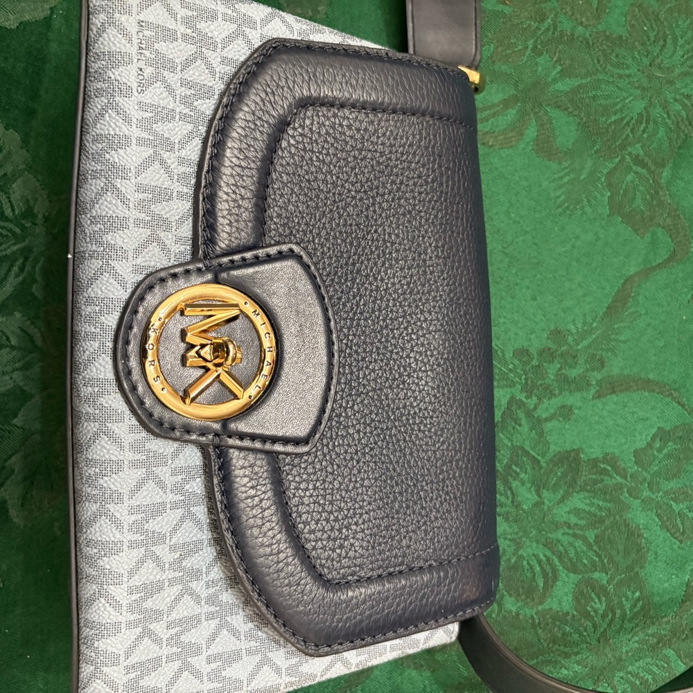 Michael Kors Black Pebbled Leather & Gray Monogram Crossbody with Gold Logo